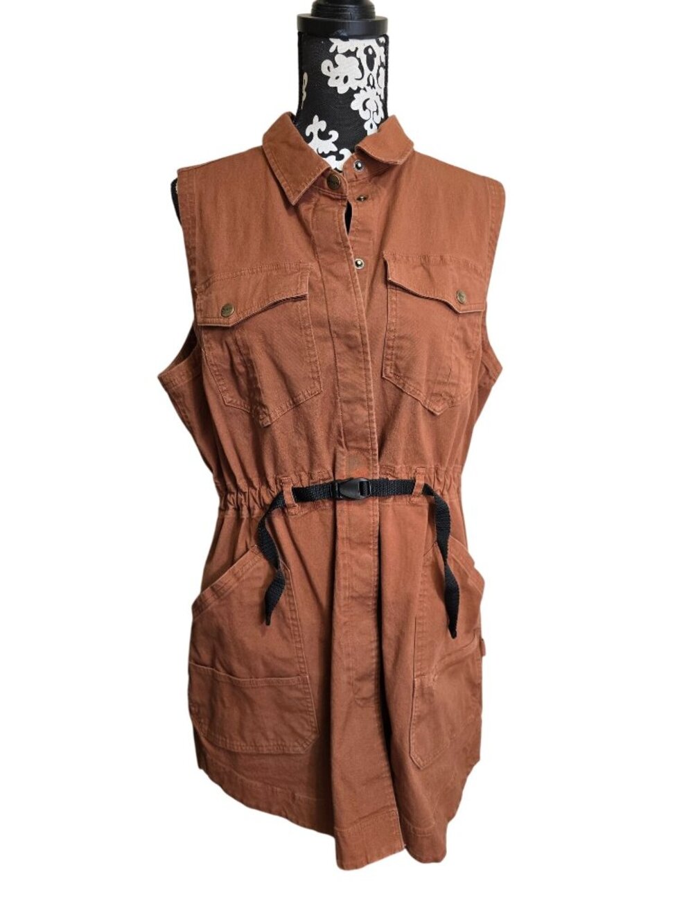 Duluth Trading Sleeveless Utility Cargo Dress Large Brown Burnt Orange